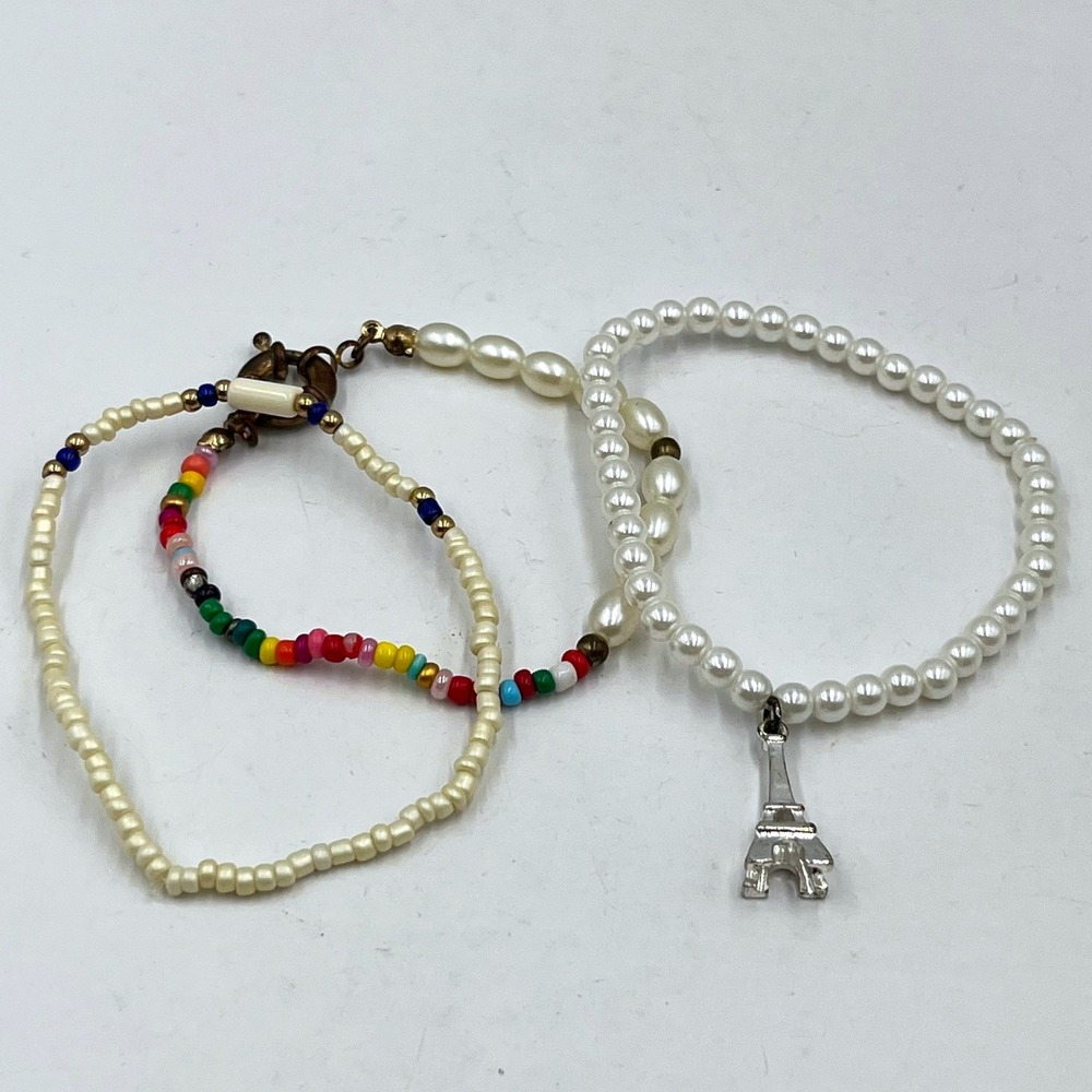 Vintage‎ 3pc Beaded Bracelet Set Faux Pearl Eiffel Tower Charm Boho Multi Strand